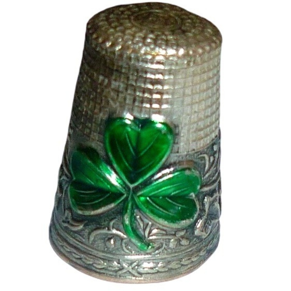 Vintage Sterling Silver Enamel Shamrock Thimble Gilt Interior Ivy Band Size 9 10